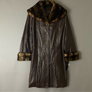 Terry Lewis Classic Luxuries Leather Coat Faux Fur Trim- Size M - NWT